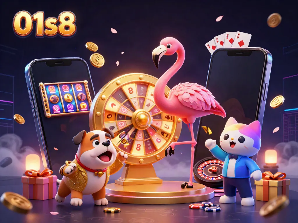 Engage at 01s8 with an exciting cartoon scene featuring a flamingo host, Bulldog contestant, and cat assistant among dynamic casino elements.