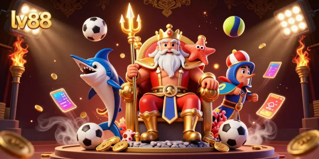 Experience thrilling sports betting with lv88's Neptune, samurai, and starfish in a dynamic casino scene.