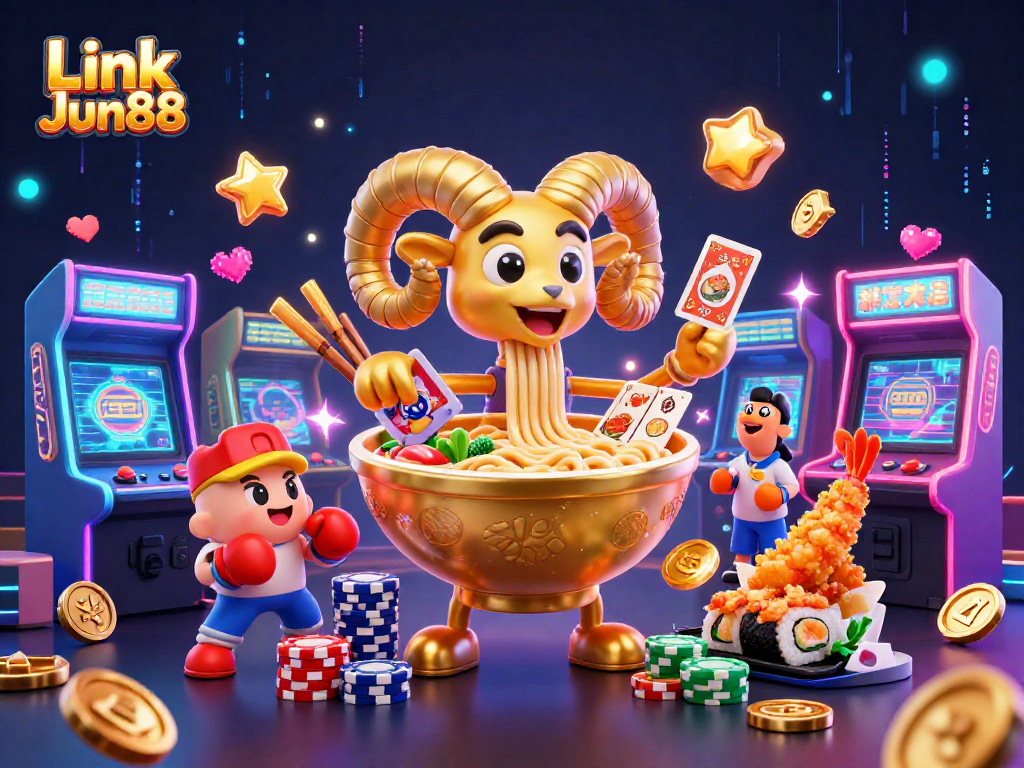 Experience the thrill of gaming with Link Jun88’s vibrant casino scene featuring cartoon characters.