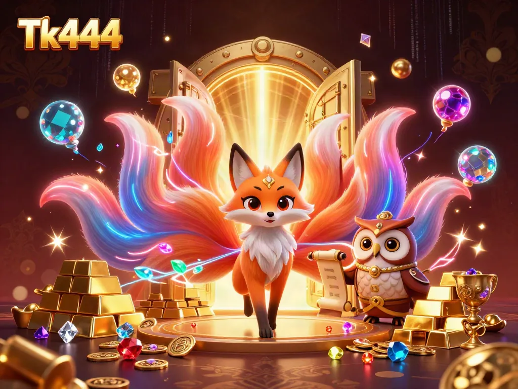 Experience thrilling gameplay at Tk444, featuring nine-tailed fox and an owl sage amidst a treasure-filled casino.