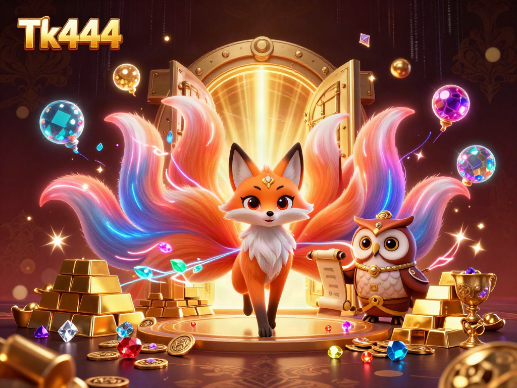 Experience thrilling gameplay at Tk444, featuring nine-tailed fox and an owl sage amidst a treasure-filled casino.