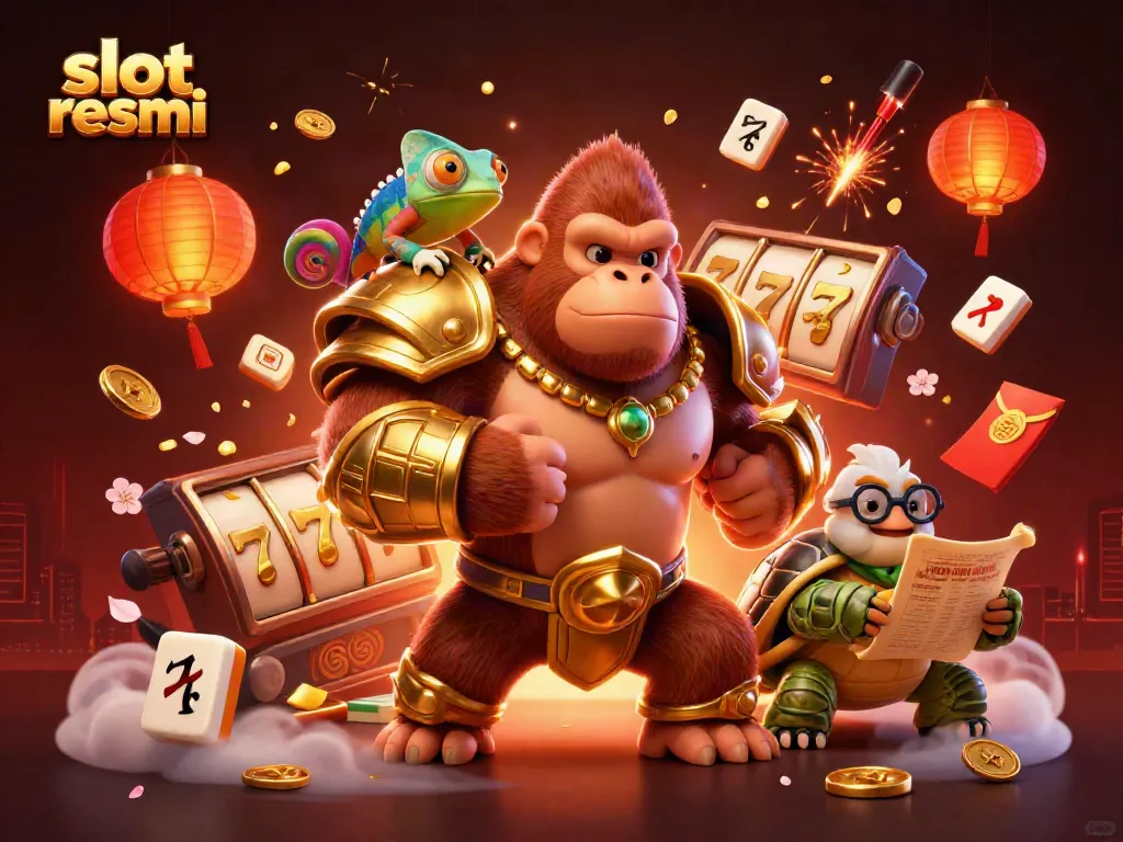 Exciting slot resmi games illustrated with a gorilla, chameleon, and tortoise in a vibrant 3D scene.