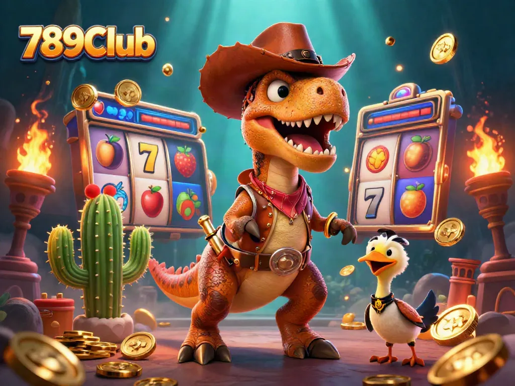 Engage with 789Club's vibrant casino experience, featuring a dynamic T-Rex and friends in a slot game scene.