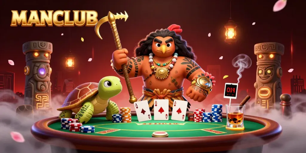 Engage in thrilling action with MANCLUB’s vibrant poker scene featuring a Polynesian demigod and rich elements.