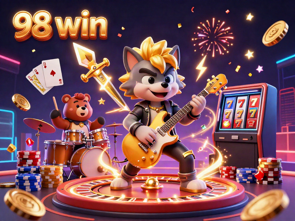 Experience the excitement of 98 win with a vibrant casino scene featuring a rock star wolf and drummer bear.
