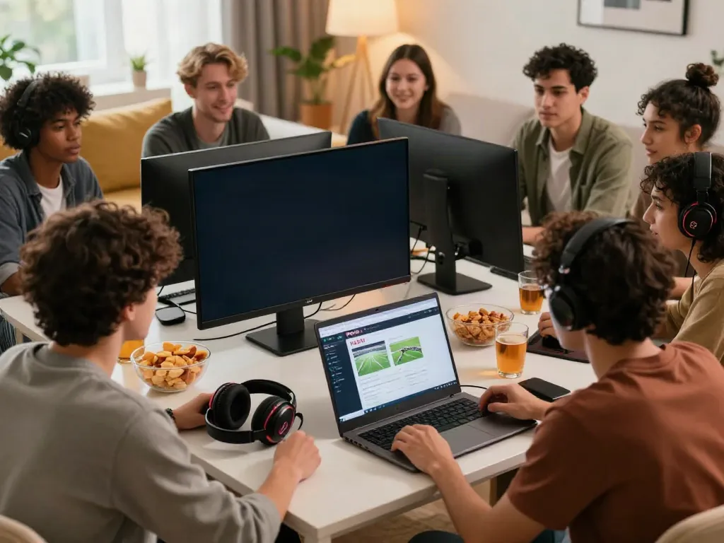 Online gaming experience with friends enjoying live sports betting at https://vin88.team/ in a cozy home environment.