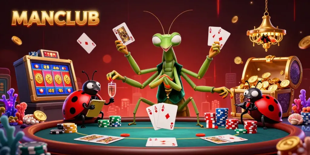 Engage in the vibrant MANCLUB casino scene with a unique praying mantis dealer and dynamic poker action.