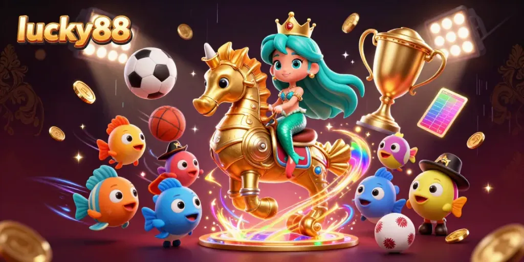 Engage with lucky88's vibrant gaming scene featuring a mermaid and seahorse amidst dynamic sports elements and gold coins.