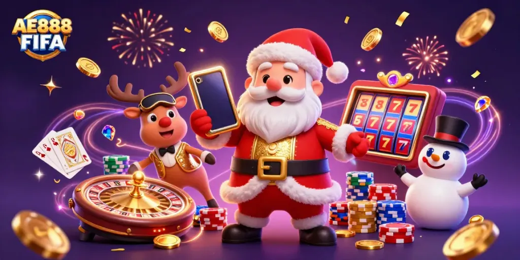 Engage with AE888 FIFA in a vibrant casino scene featuring Santa, a reindeer dealer, and a poker chip snowman.