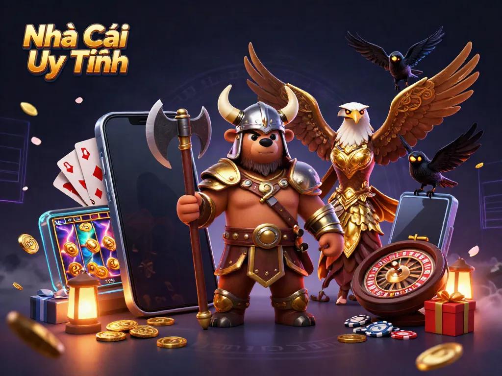 Engaging scene of Nhà Cái Uy Tín with a Viking berserker, Valkyrie eagle, and gaming elements.