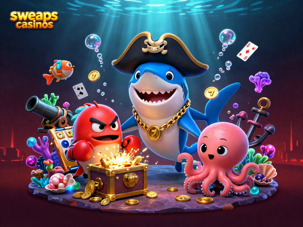 Engage with exciting sweeps casinos as a pirate shark, pufferfish, and octopus find treasures.