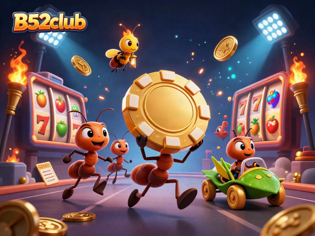 B52club showcases a vibrant heist scene with playful characters among spinning slot reels and golden poker chips.