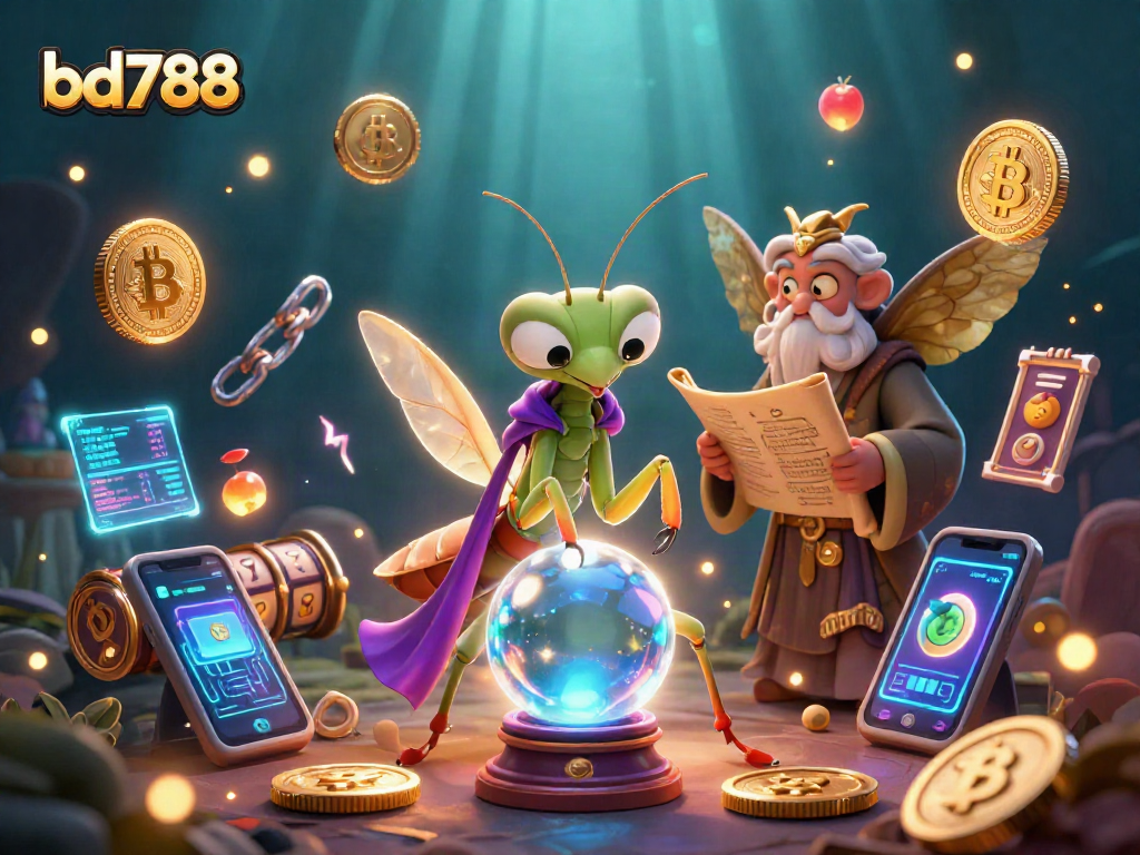 Play slots in a vibrant bd788 casino scene with animated characters and crypto elements.