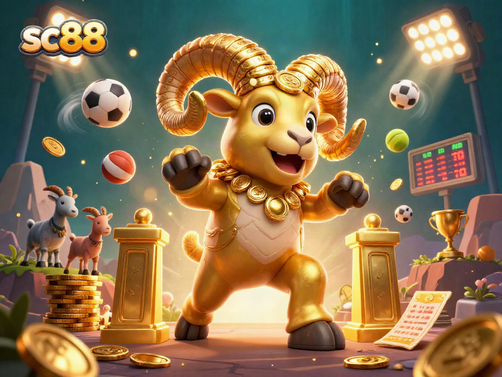 Engage with sc88's thrilling casino experience as a golden ram charges through a festive atmosphere.