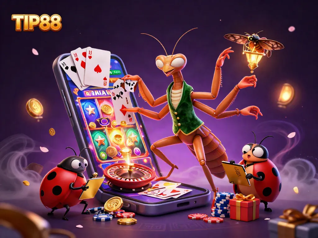 Experience the vibrant world of TIP88 with a dynamic 3D casino scene featuring colorful gaming elements.