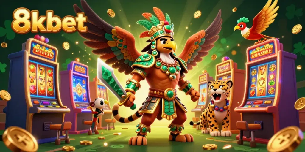 Engage with 8xbet illustrated as an exciting casino scene featuring Aztec elements and colorful slot machines.