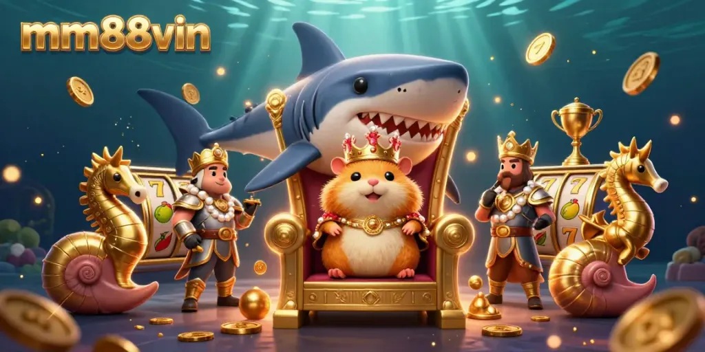 Experience the thrill of gaming with mm88vin's vibrant 3D illustration showcasing iconic casino symbols and characters.