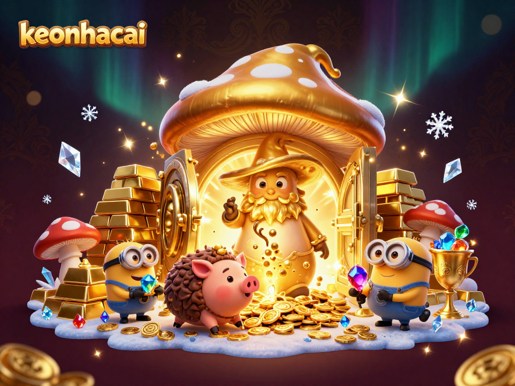 Engage with keonhacai, where golden treasures sparkle amid magical 3D characters in this casino illustration.