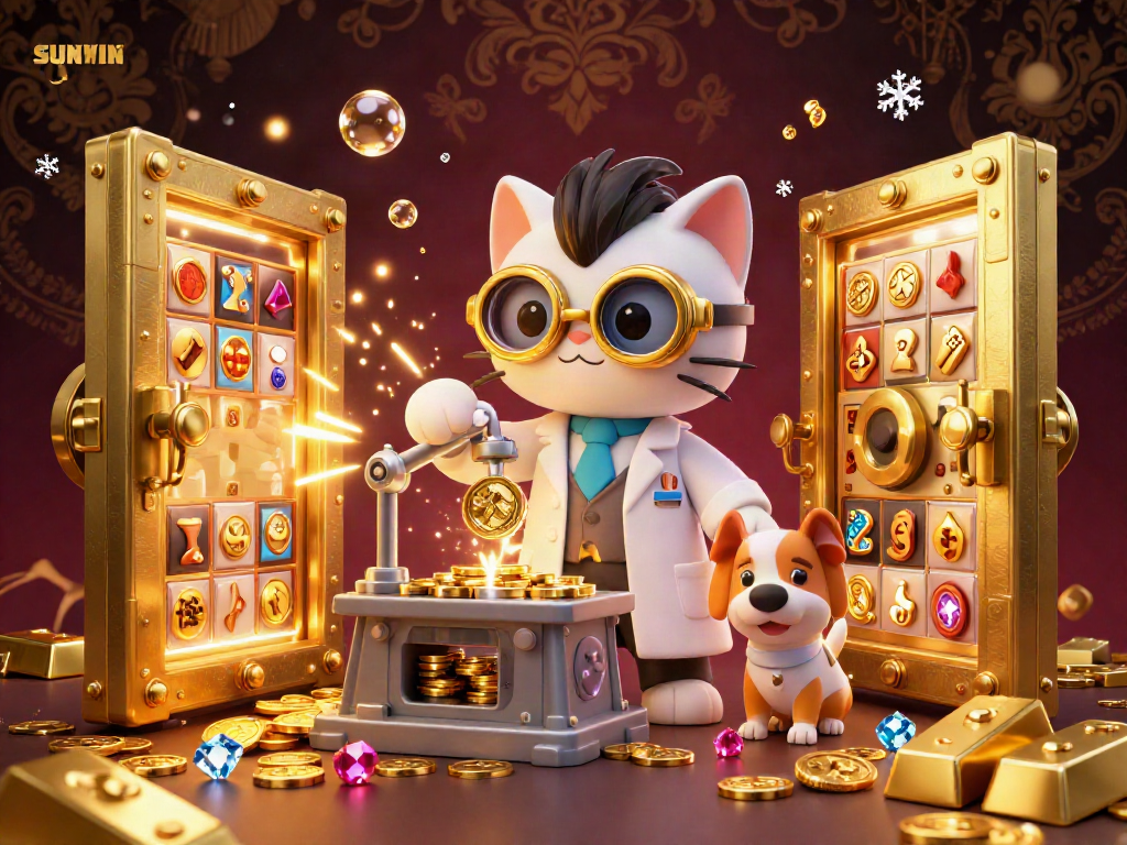Experience the excitement of SUNWIN with a vibrant 3D casino illustration featuring gold treasures and playful characters.