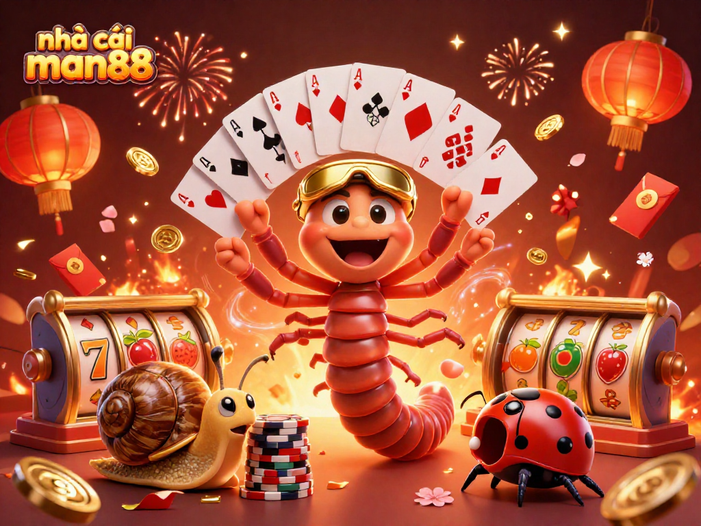 Engage with nhà cái man88 through a whimsical casino scene with animated characters and vibrant gaming elements.