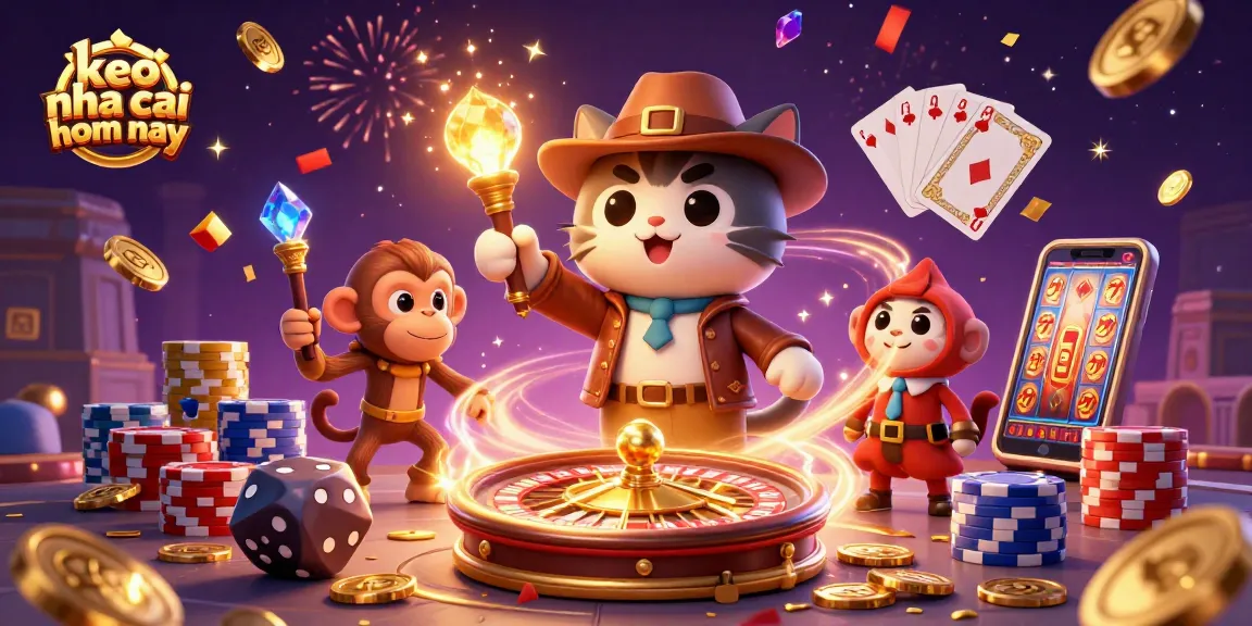 Bet on keo nha cai hom nay with an illustrative scene of a cat explorer and a monkey companion amidst golden coins and casino artifacts.