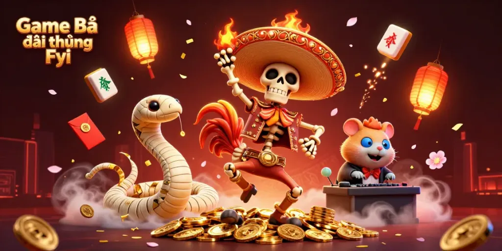 Game Bài Đổi Thưởng Fyi features captivating characters reveling on a golden pile amidst festive casino elements.