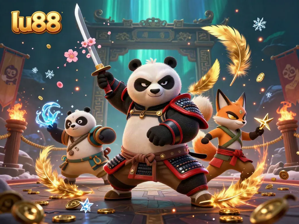 Experience thrilling gameplay with lu88 illustrated by a samurai panda and ninja fox set in a vibrant casino.