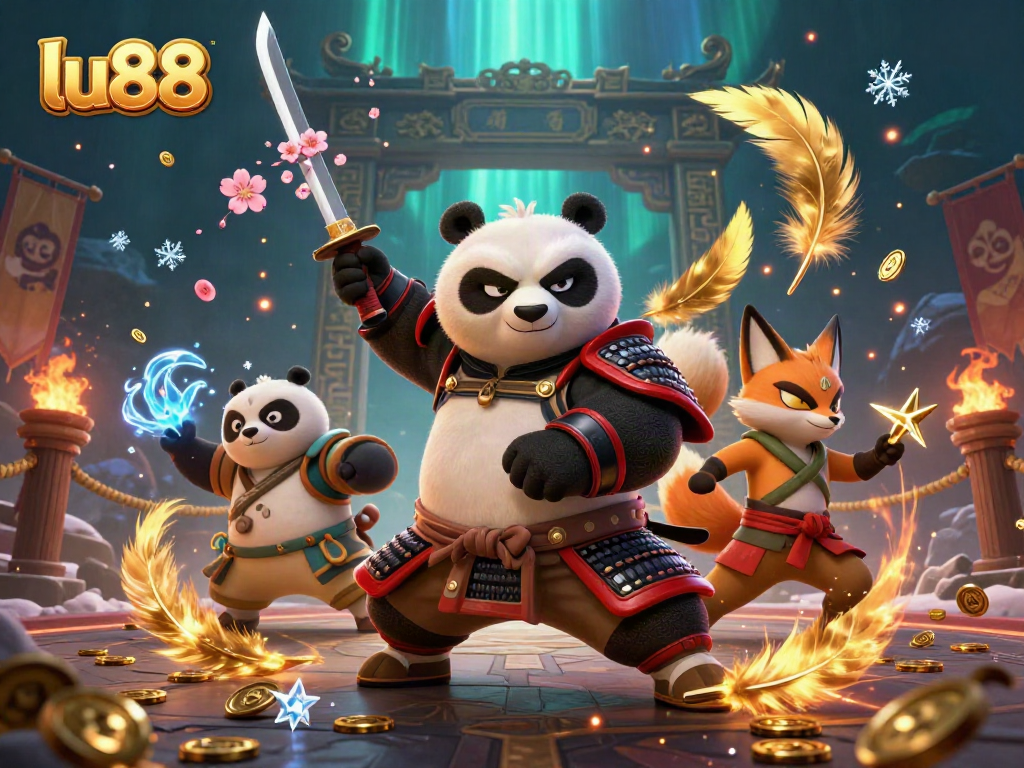 Experience thrilling gameplay with lu88 illustrated by a samurai panda and ninja fox set in a vibrant casino.