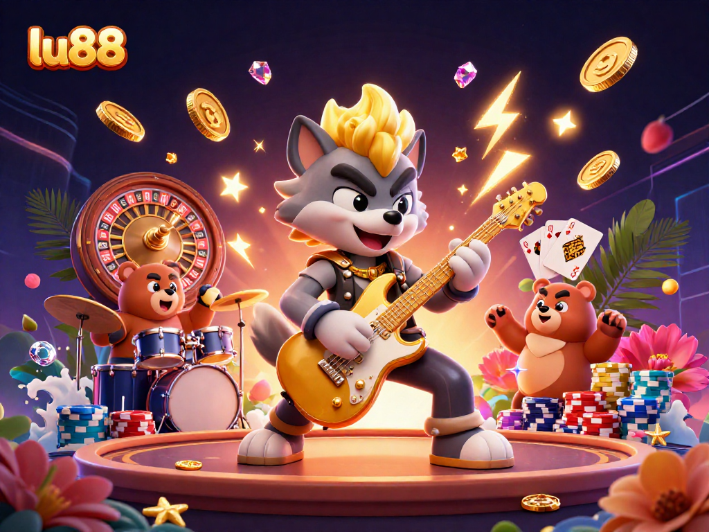 lu88 rock star wolf playing a golden guitar amidst a vibrant casino scene with exciting game elements.