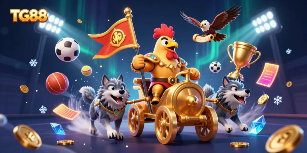 Experience thrilling gaming adventures with TG88 in a dynamic casino setting featuring a heroic rooster warlord and vivid game elements.