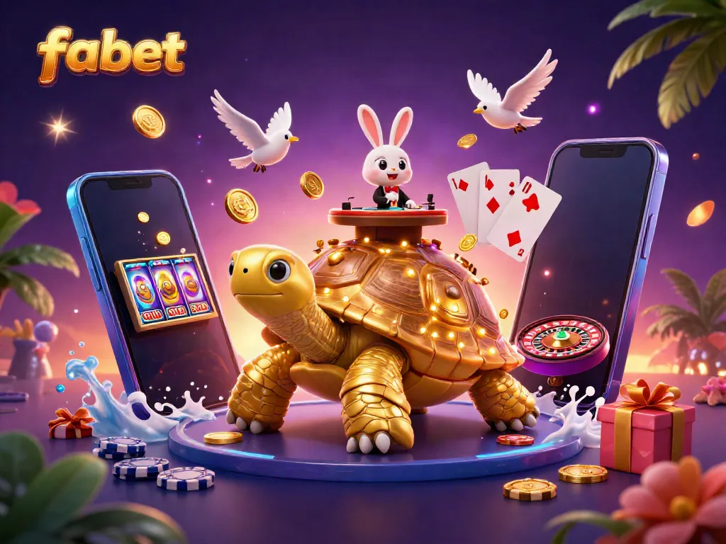 Engage with fabet's captivating casino games, featuring vibrant elements and a golden tortoise mascot.