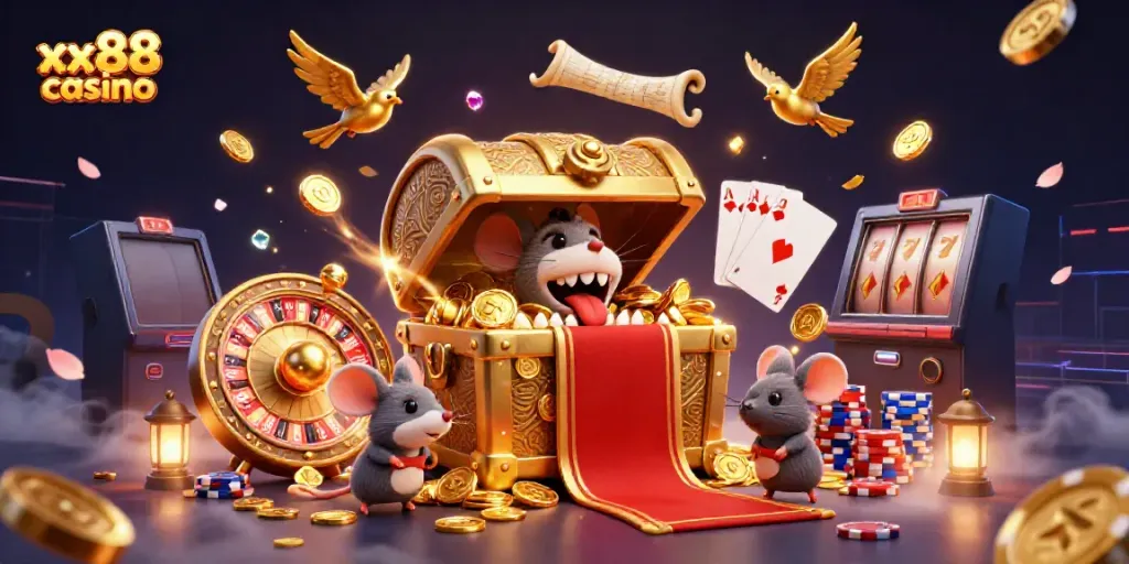 Experience the thrills of xx88 casino with a vibrant 3D illustration featuring a treasure chest and gaming elements.