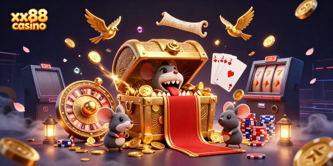 Experience the thrills of xx88 casino with a vibrant 3D illustration featuring a treasure chest and gaming elements.