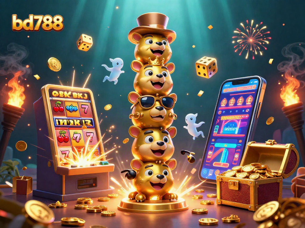 Engage with bd788's captivating gaming world showcasing vibrant casino elements and dynamic characters.