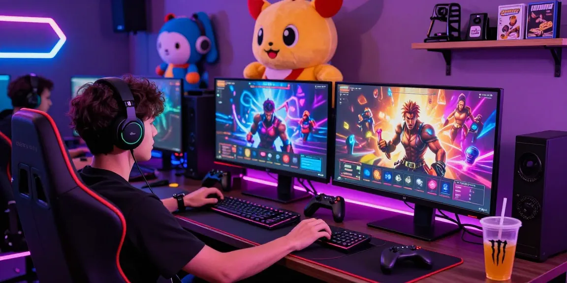 Engaging scene of a gamer playing online porn games in a vivid gaming setup with neon lights and character art.