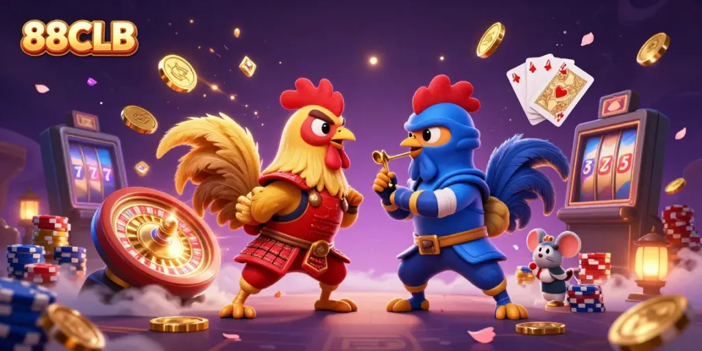 Join the thrilling showdown of fighting roosters at 88CLB, surrounded by golden coins and sparkling gems.