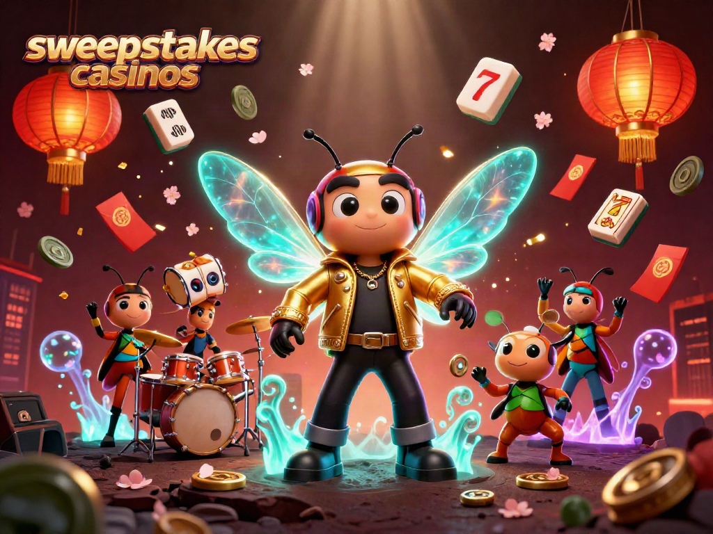 Sweepstakes casinos vibrant illustration featuring a cicada rock star, slot reels, and festive elements.