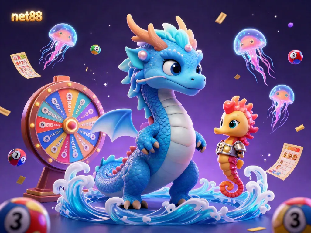 Experience thrilling online gaming with net88 alongside a majestic water dragon, seahorse knight, and racing lottery balls.