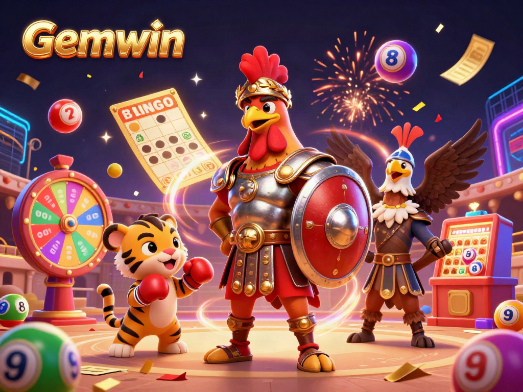 Experience the excitement of Gemwin with this lively 3D depiction of gaming elements, characters, and dazzling effects.