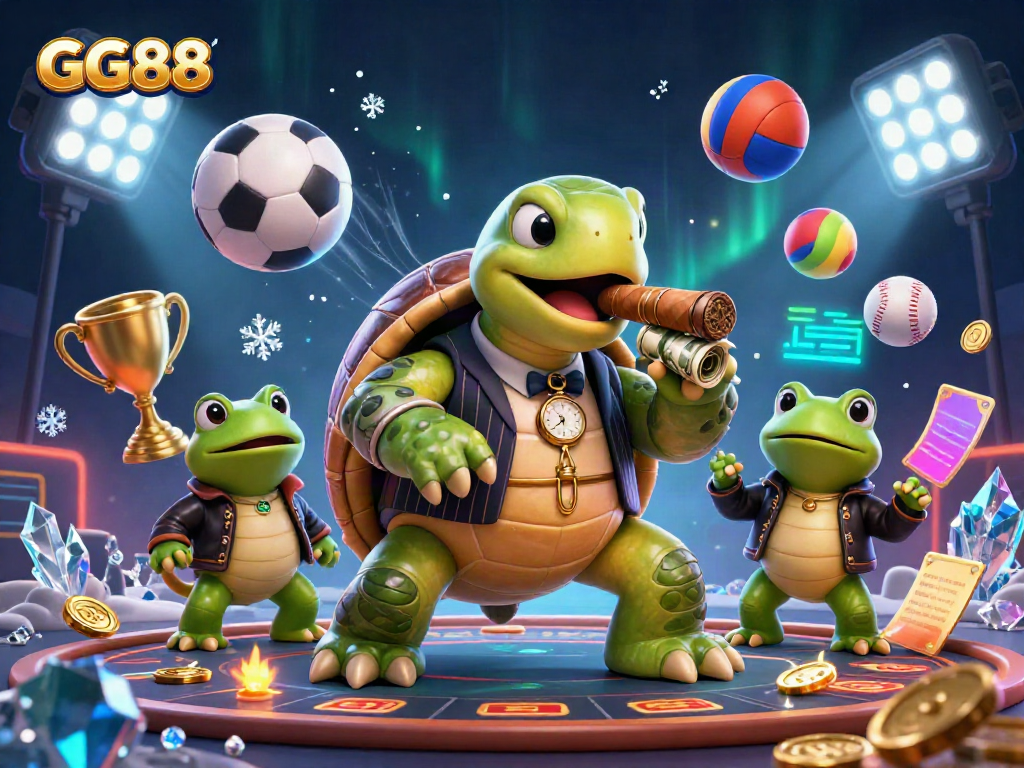 Engage in thrilling gambling action at GG88 with the vibrant 3D casino scene filled with dynamic characters and sports elements.