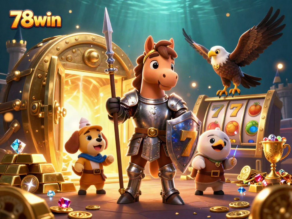 Experience the thrill of 78win with a medieval knight and treasures in a casino-themed adventure.
