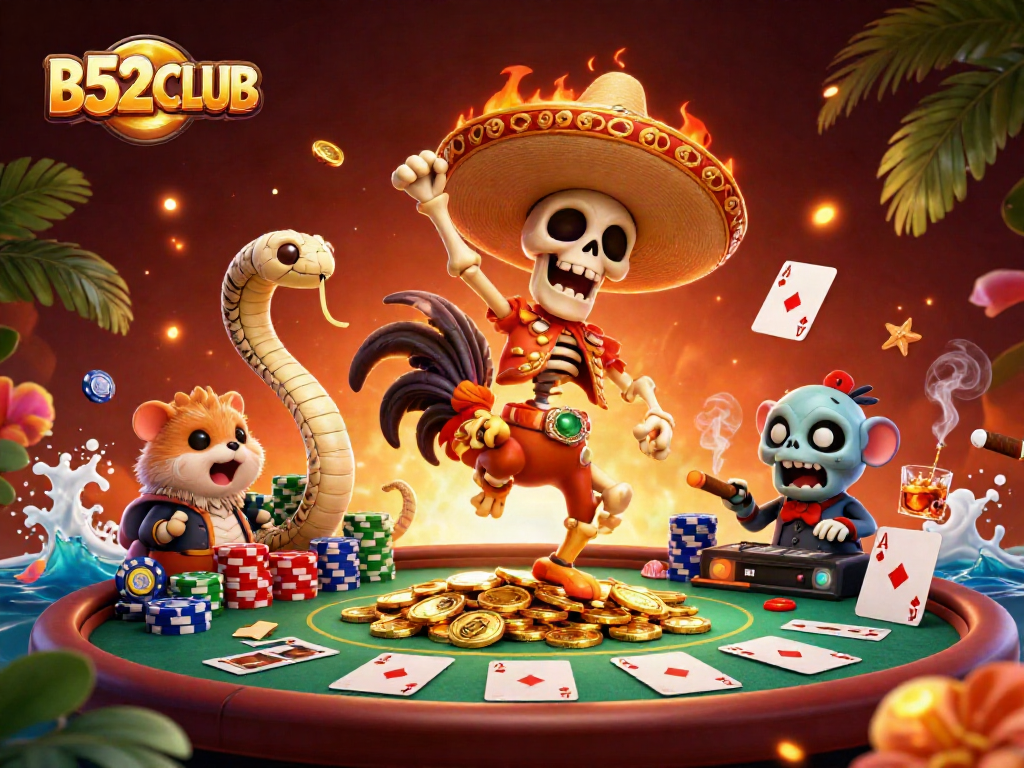 B52CLUB brings a lively scene with a dancing skeleton rooster and colorful poker elements.