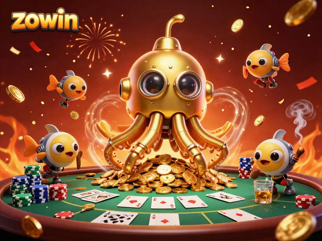 Engage in an exciting gambling scene at ZOWIN with a vibrant kraken submarine and poker elements.