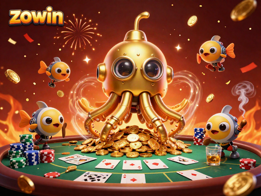 Engage in an exciting gambling scene at ZOWIN with a vibrant kraken submarine and poker elements.