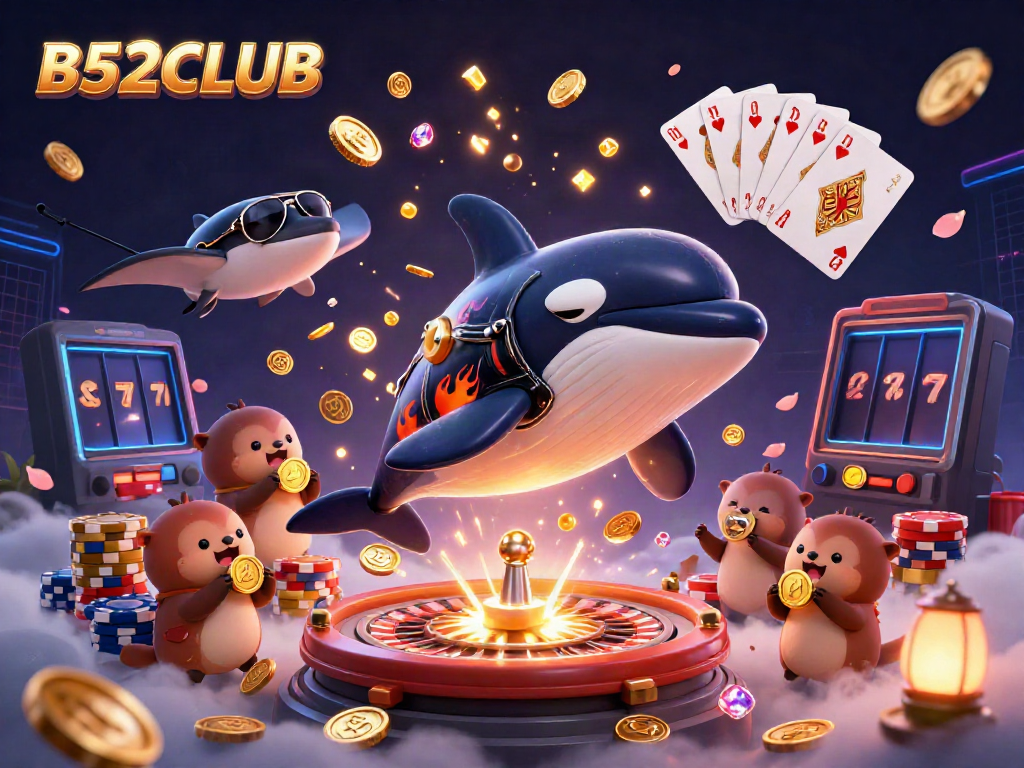 B52CLUB captures the excitement of gambling with playful cartoon characters and vibrant casino elements.