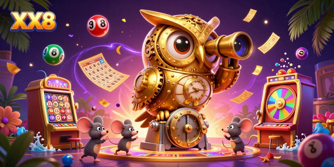 Experience the excitement of XX8 with a dynamic casino scene featuring an owl and vibrant gaming elements.