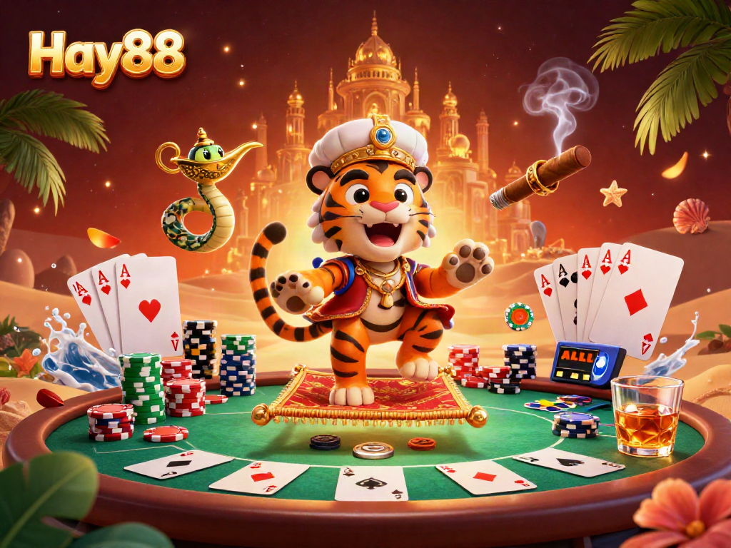 Experience excitement at Hay88 with a colorful scene showcasing a tiger sultan, poker chips, and vibrant gaming elements.